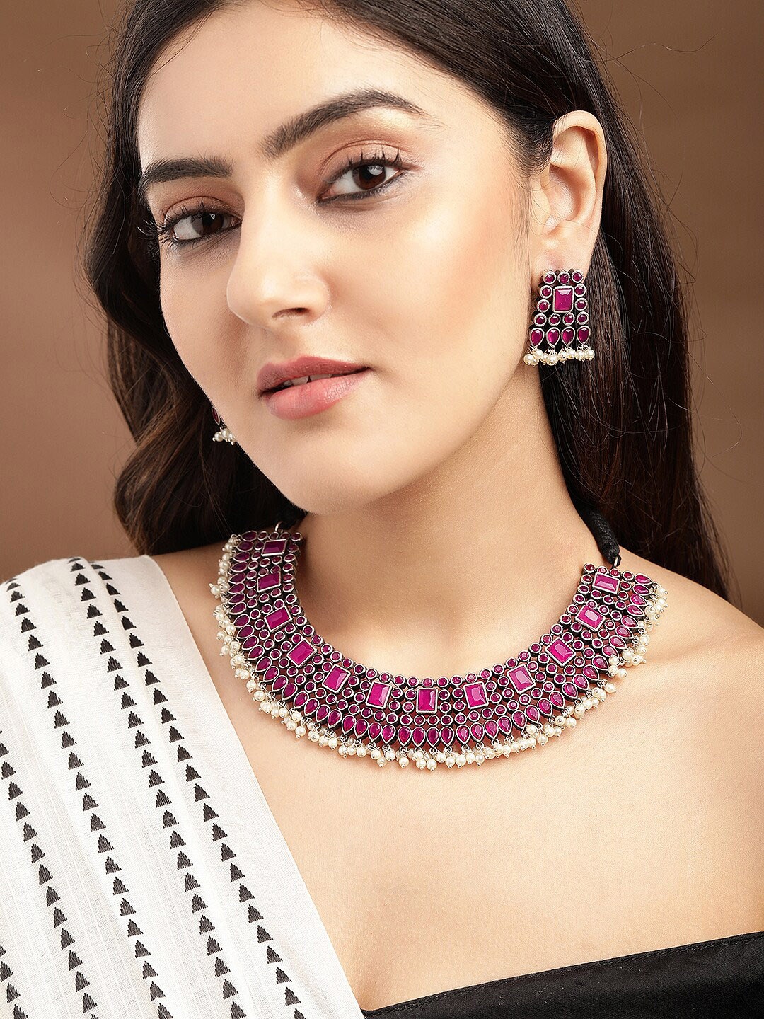 

Rubans Oxidised Silver-Plated Pink Ruby-Studded & White Beaded Jewellery Set