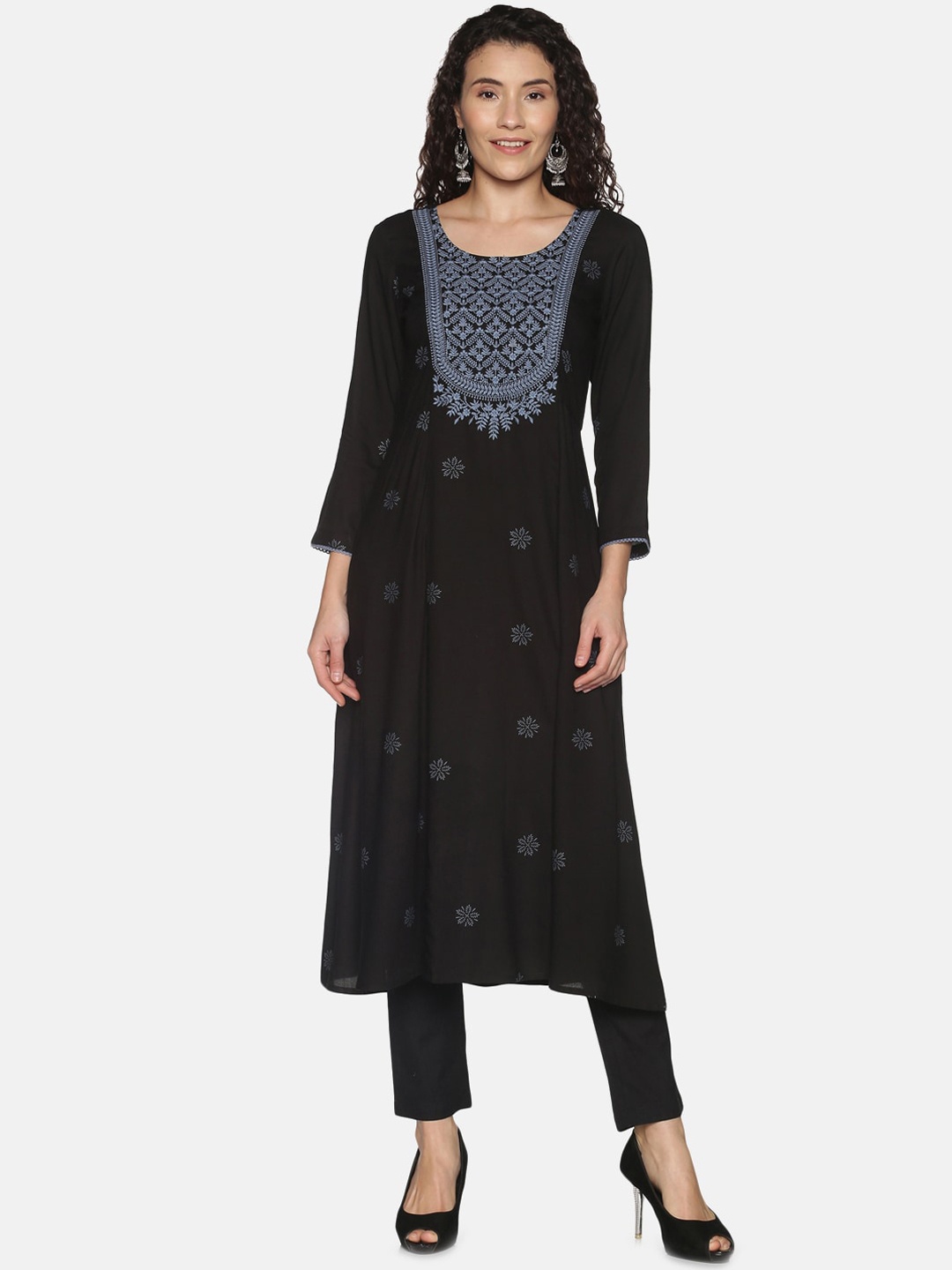 

Saffron Threads Women Black Ethnic Motifs Embroidered Chikankari Kurta