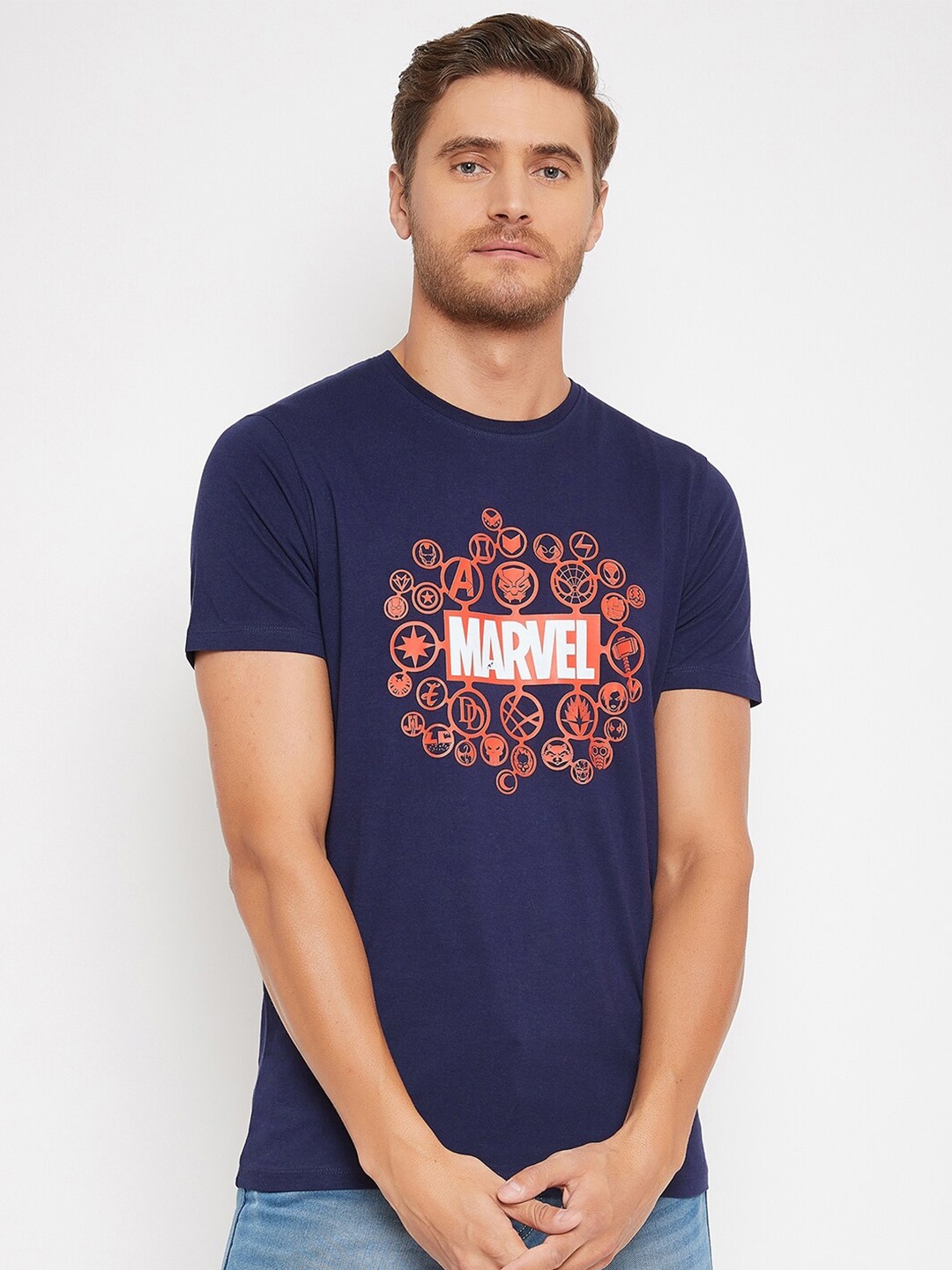 

Marvel by Wear Your Mind Men Navy Blue Red Marvel Printed Pure Cotton T-shirt