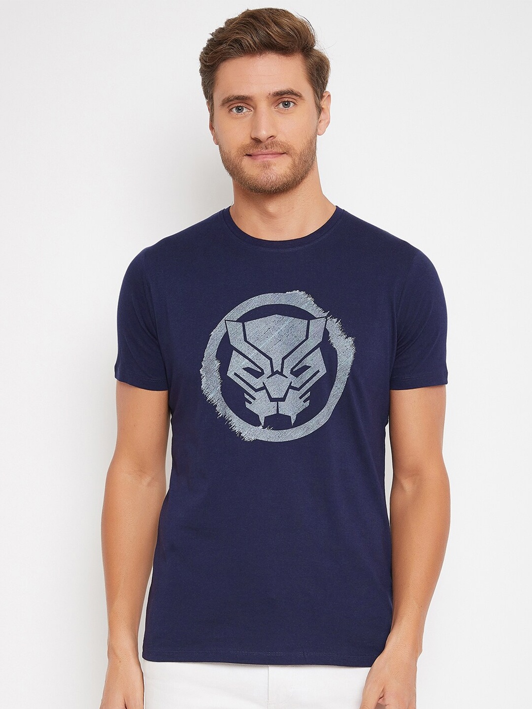 

Marvel by Wear Your Mind Men Navy Blue Grey Black Panther Printed Pure Cotton T-shirt