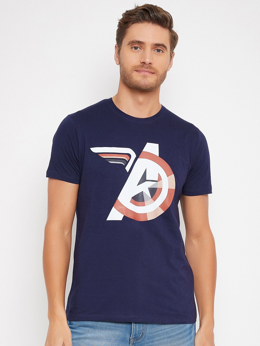 

Marvel by Wear Your Mind Men Navy Blue White Avengers Printed Pure Cotton T-shirt