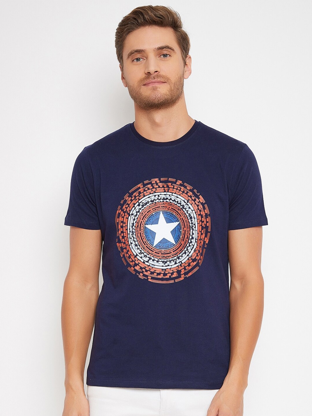 

Marvel by Wear Your Mind Men Navy Blue Red Captain America Printed Pure Cotton T-shirt