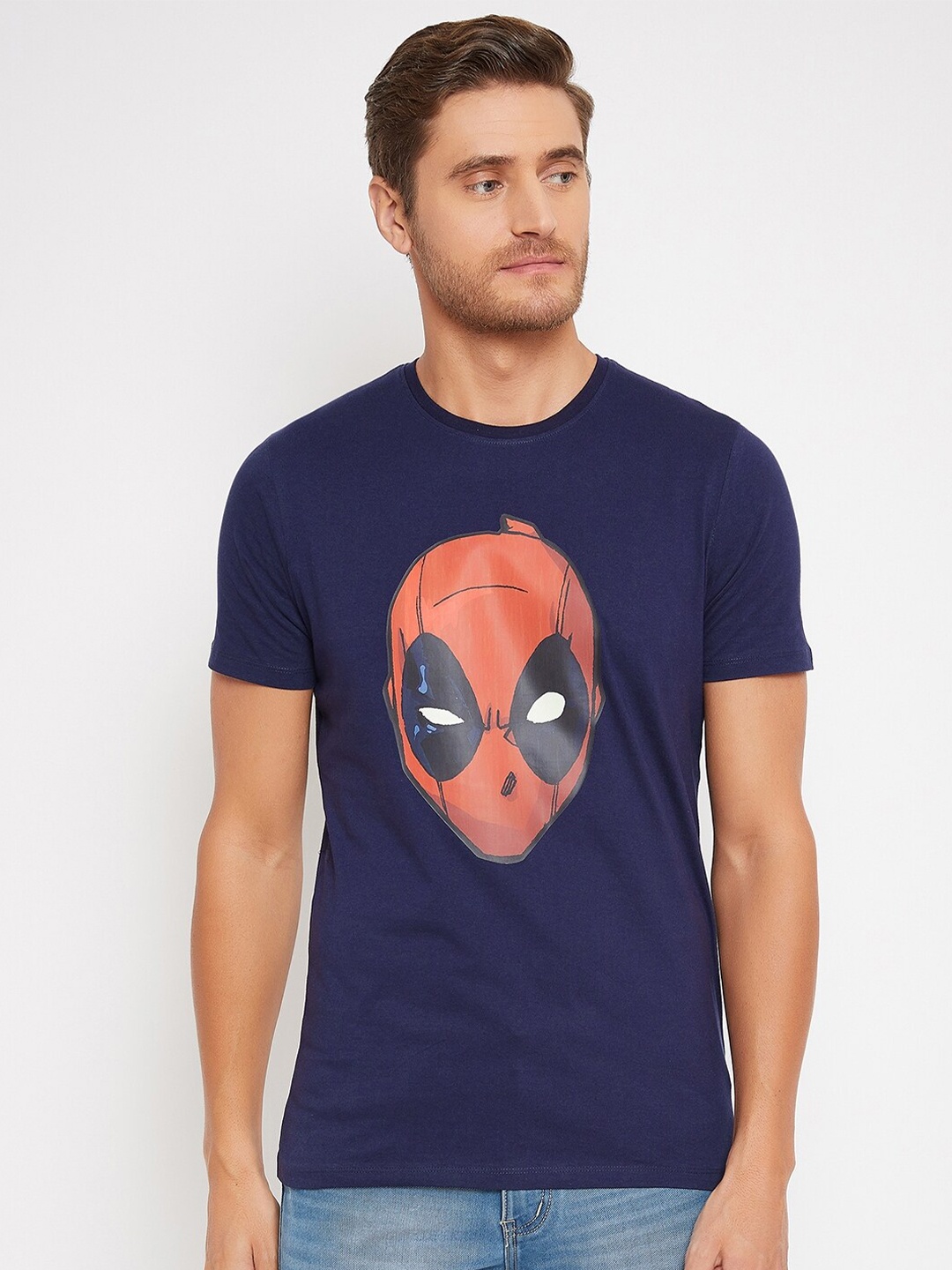 

Marvel by Wear Your Mind Men Navy Blue Red Deadpool Printed Pure Cotton T-shirt
