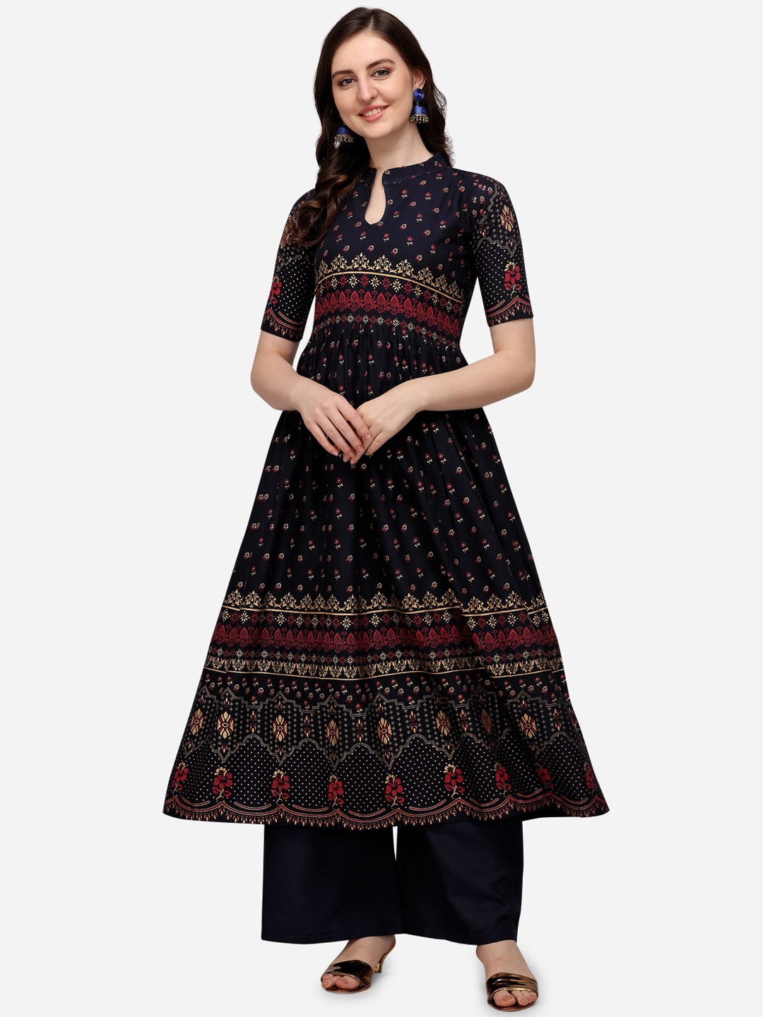

Florence Women Navy Blue & Gold-Toned Ethnic Motifs Foil Printed Anarkali Kurta