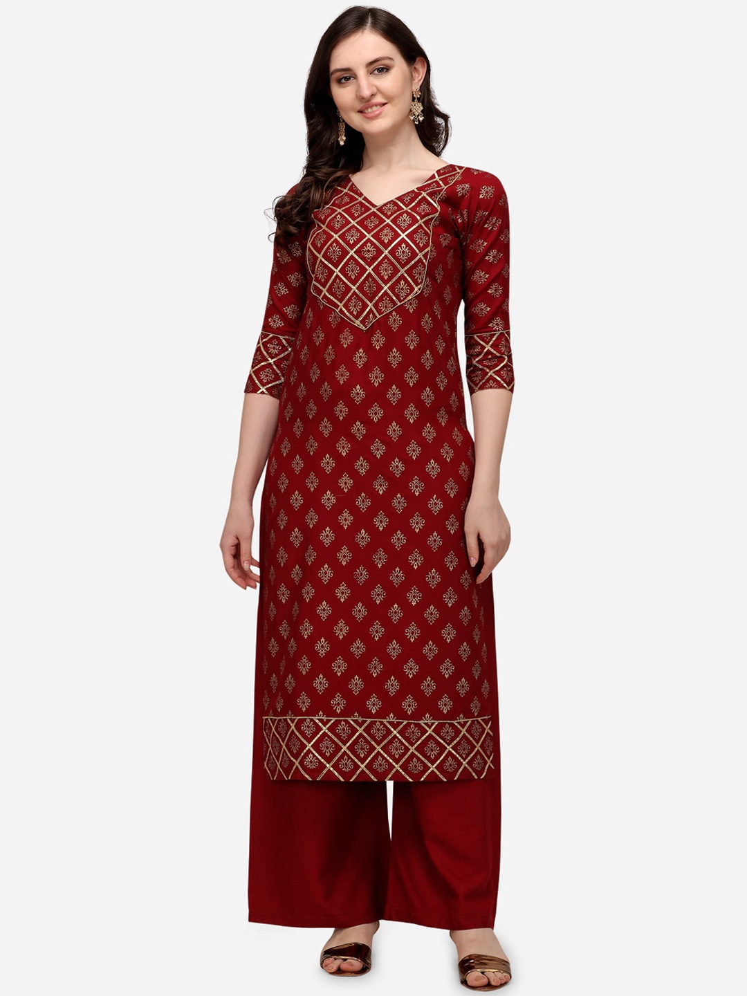 

Florence Women Maroon & Gold-Toned Ethnic Motifs Foil Printed Gotta Patti Kurta