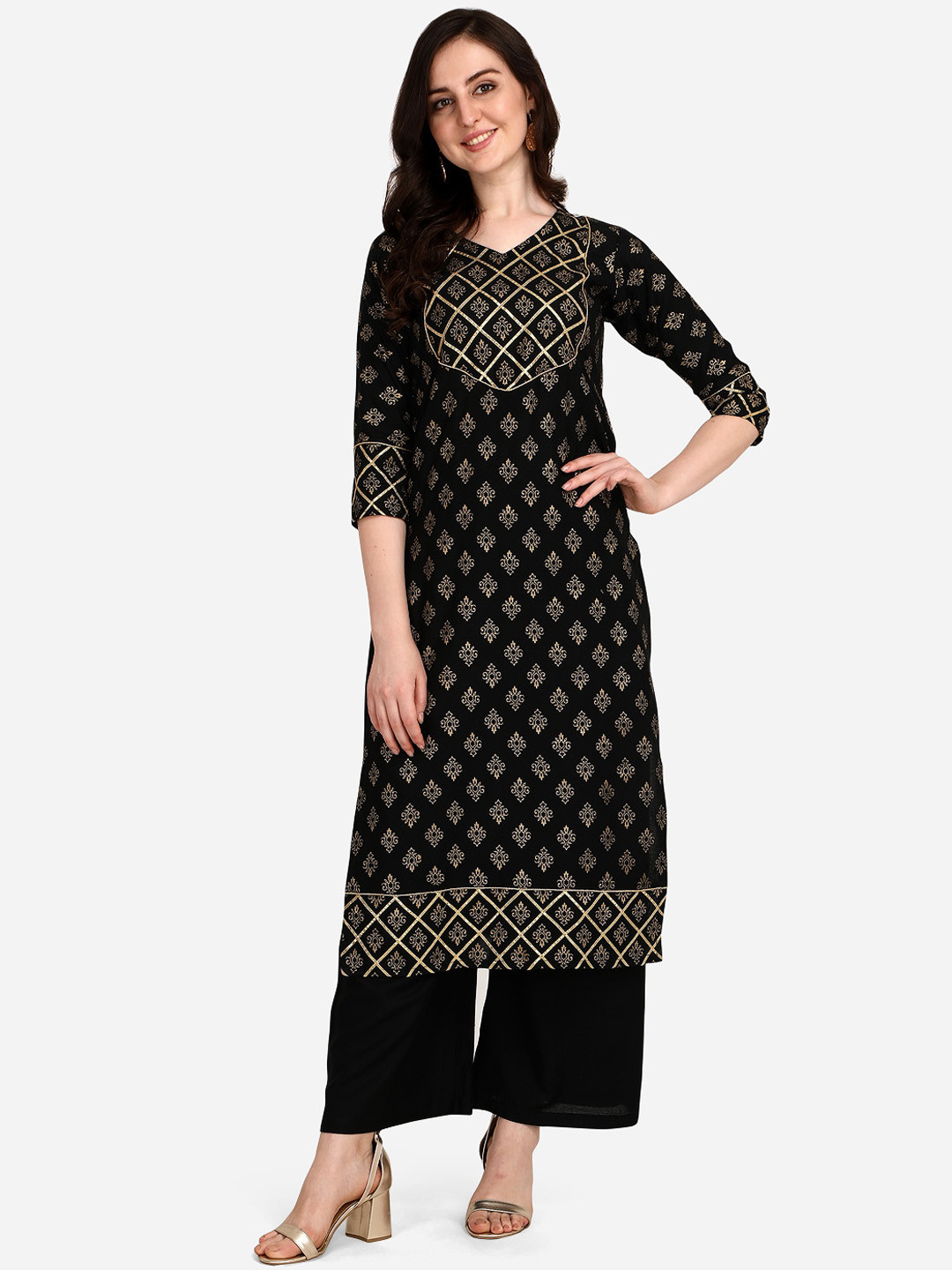 

Florence Women Black & Gold-Toned Geometric Foil Printed Gotta Patti Kurta