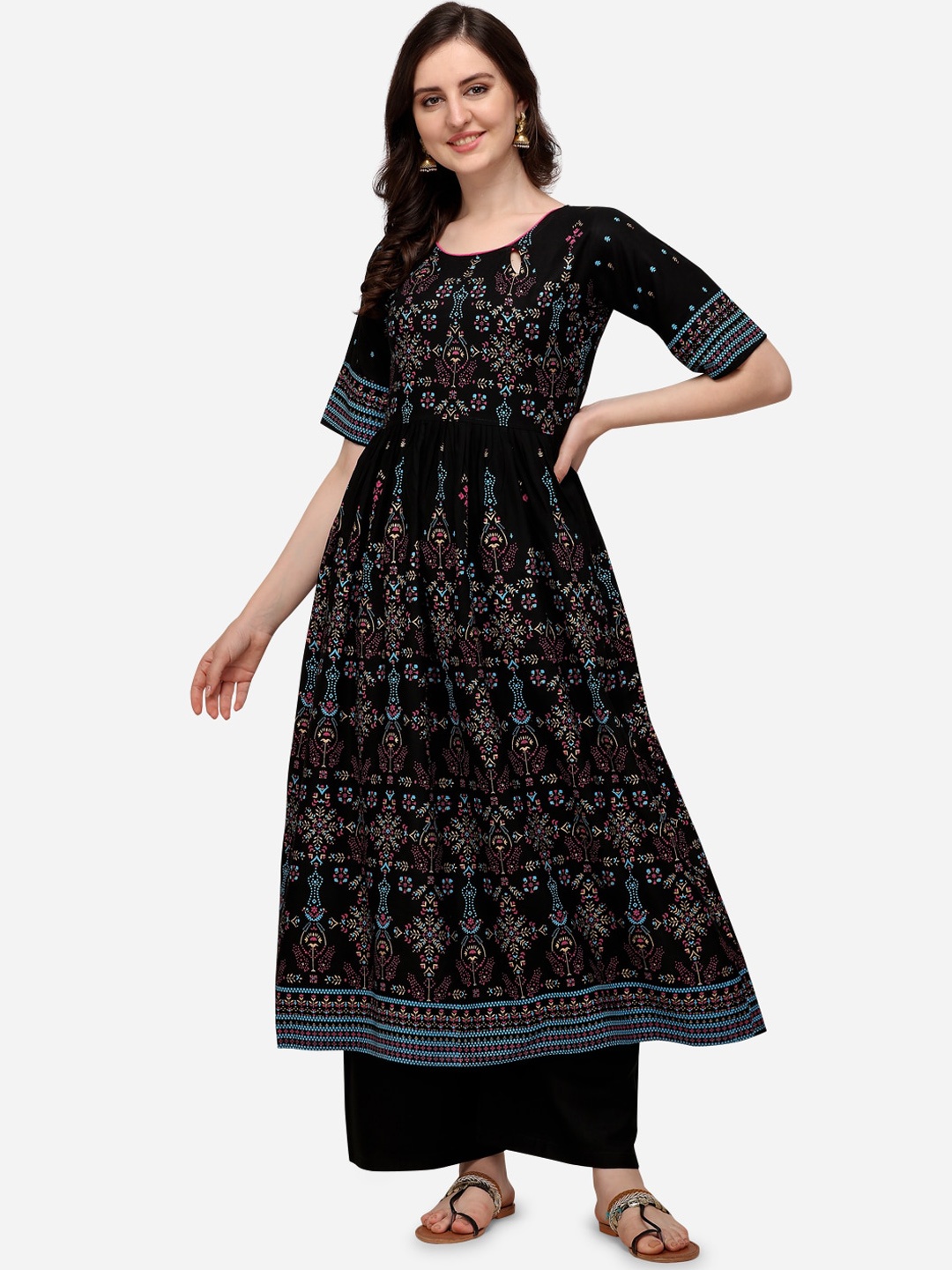 

Florence Women Black & Blue Ethnic Motifs Foil Printed Anarkali Kurta
