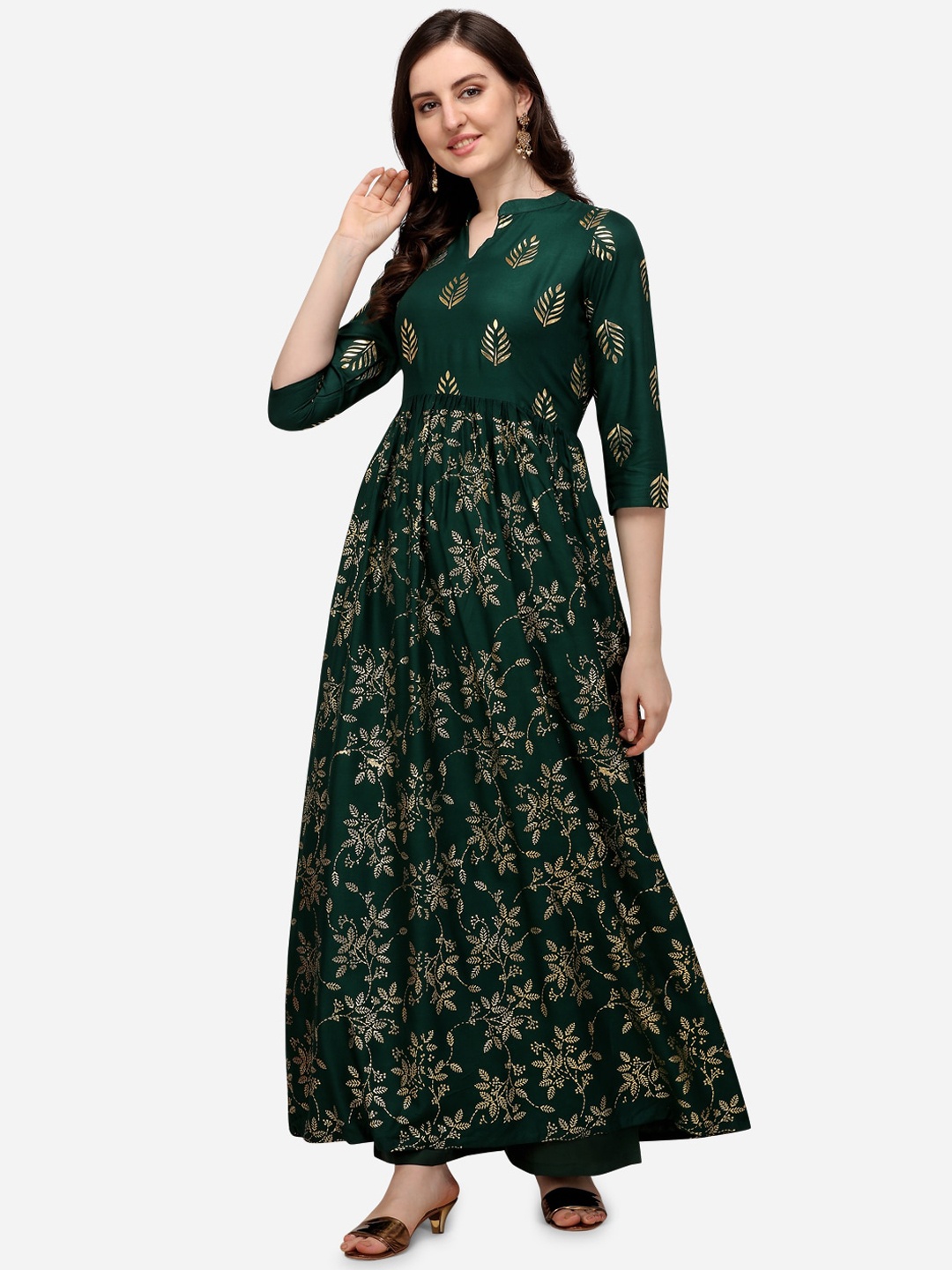 

Florence Women Green & Gold-Toned Ethnic Motifs Foil Printed Anarkali Kurta
