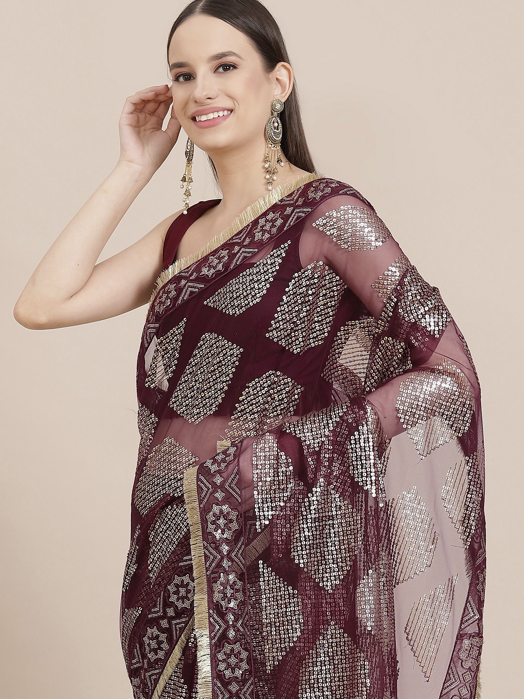 

Inddus Wine-Coloured & Golden Sequinned Net Saree, Burgundy