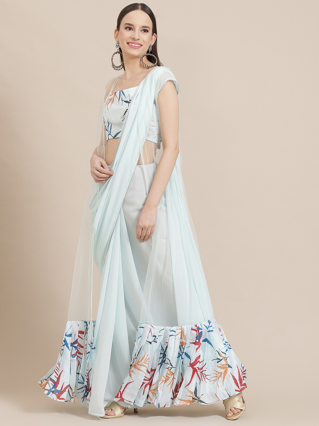 

Inddus Blue Solid Saree with Net Ethnic Jacket