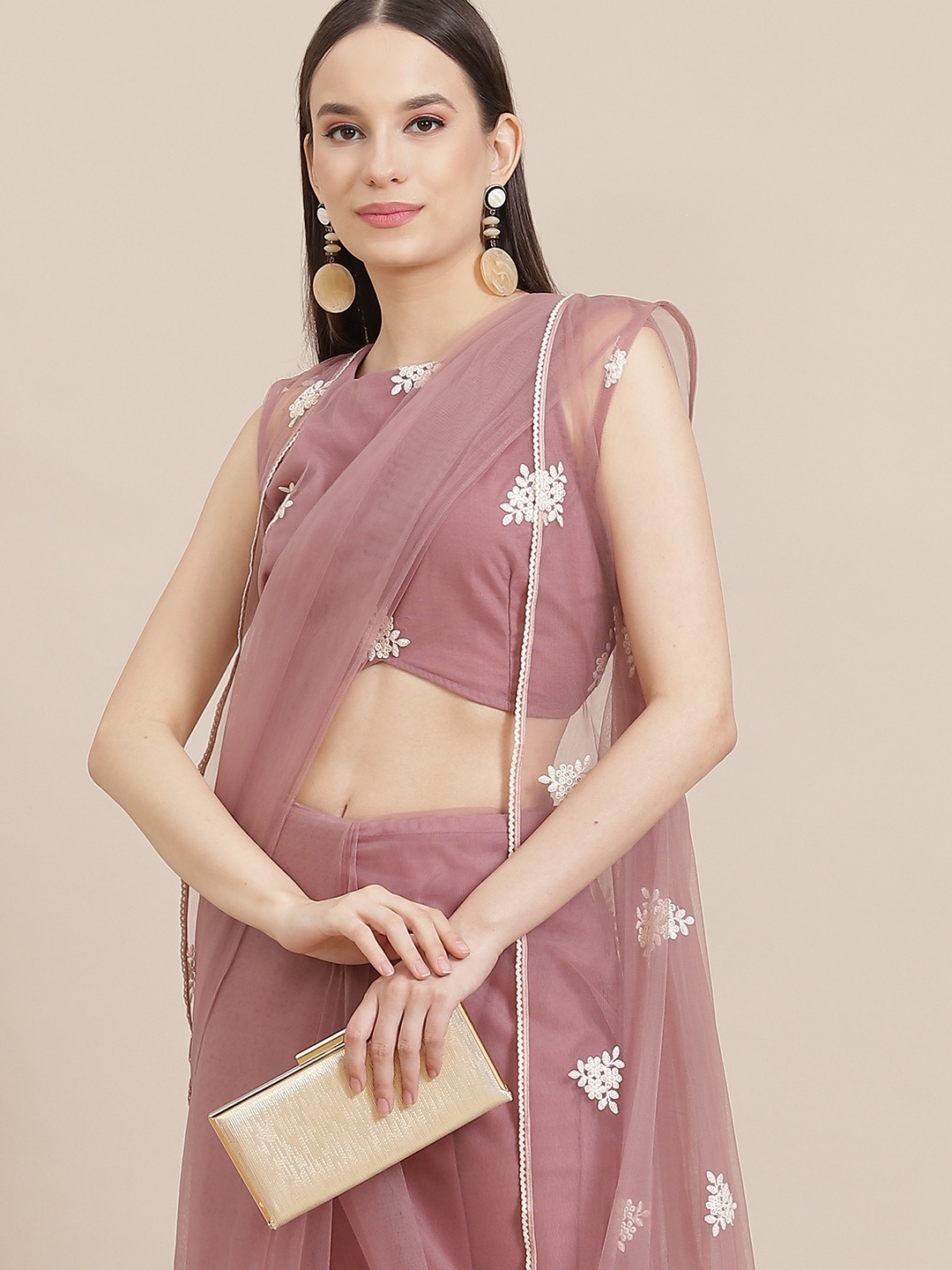 

Inddus Mauve Net Saree with Embroidered Shrug