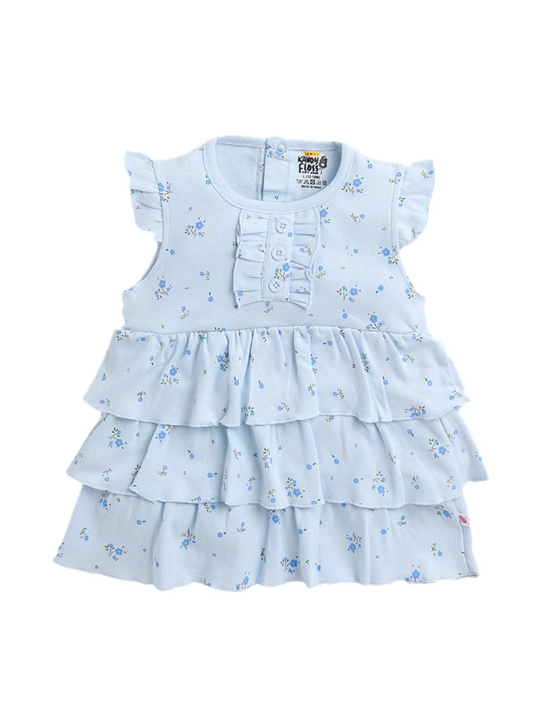 

AMUL Kandyfloss Infant Girls Blue Floral Printed Pure Cotton Layered A-Line Dress