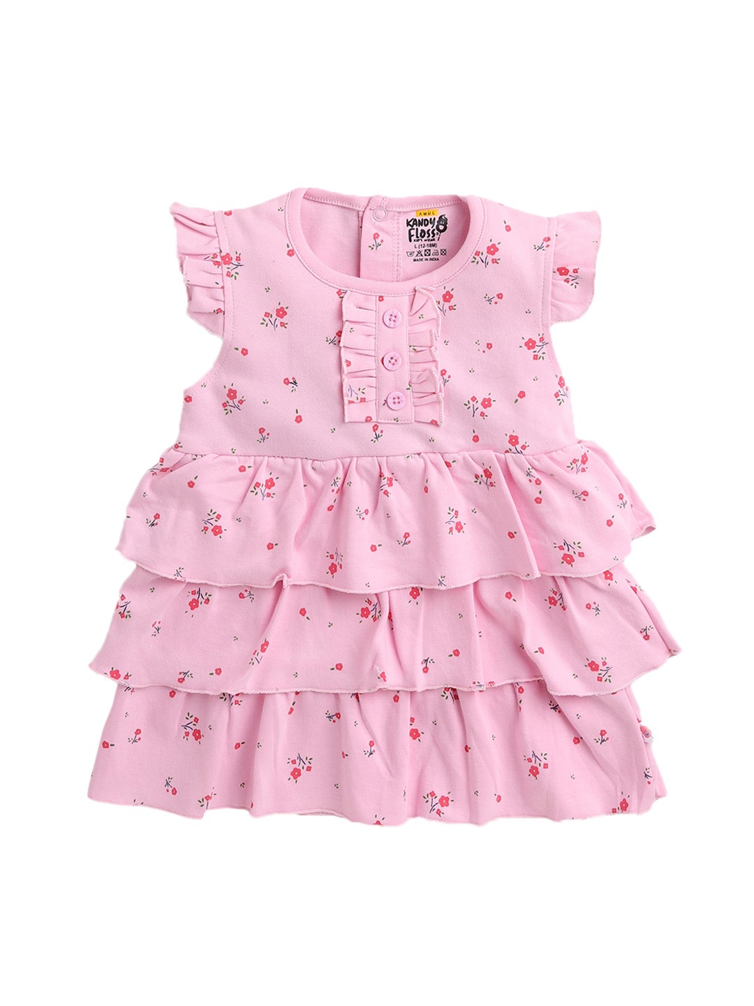 

AMUL Kandyfloss Infant Girls Pink Floral Printed Pure Cotton Layered Dress