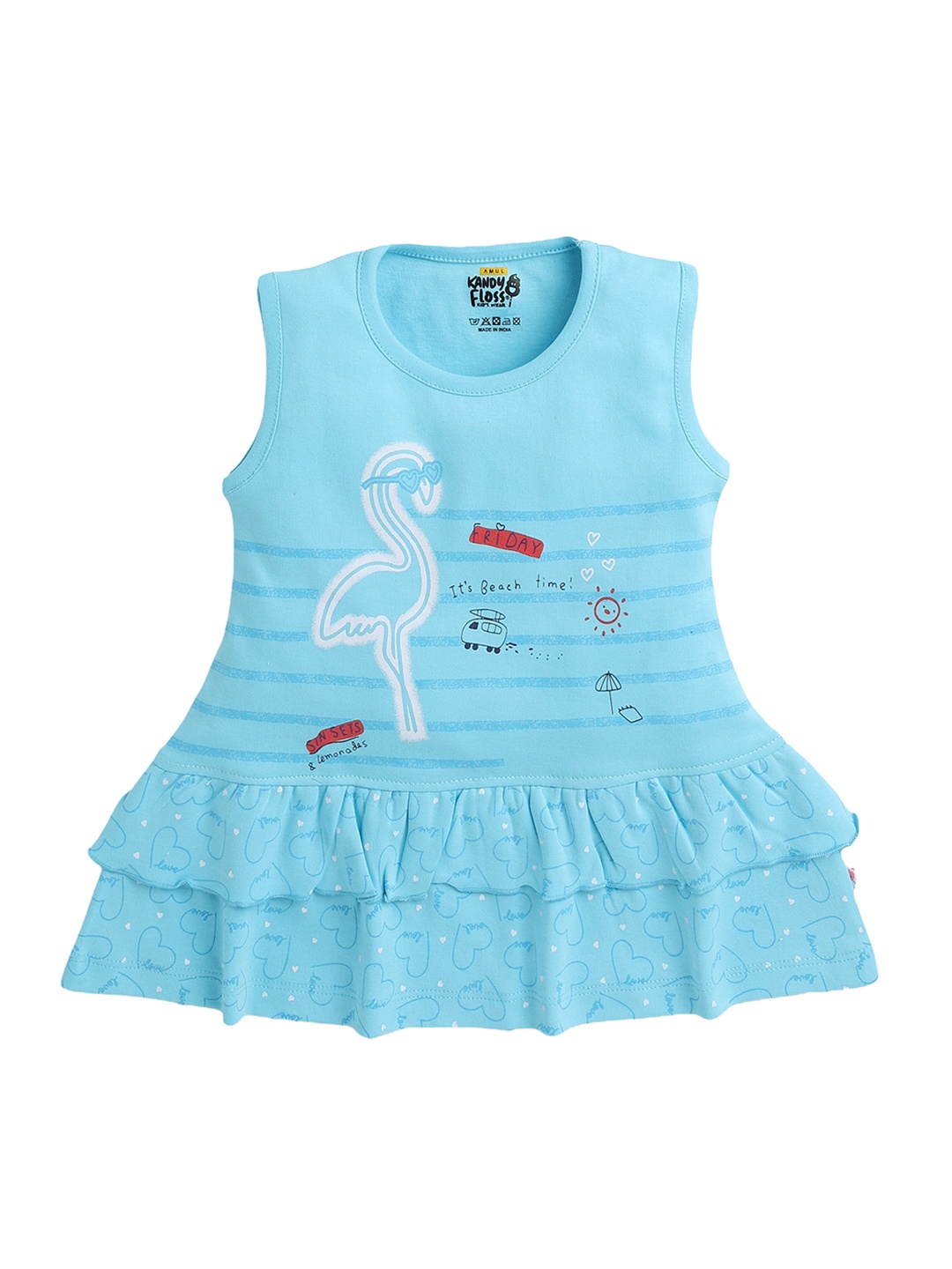 

AMUL Kandyfloss Infant Girls Blue Layered Printed Pure Cotton A-Line Dress