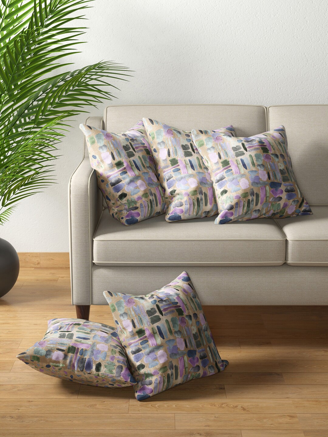 

PETAL HOME Beige & Blue Set of 5 Square Cushion Covers