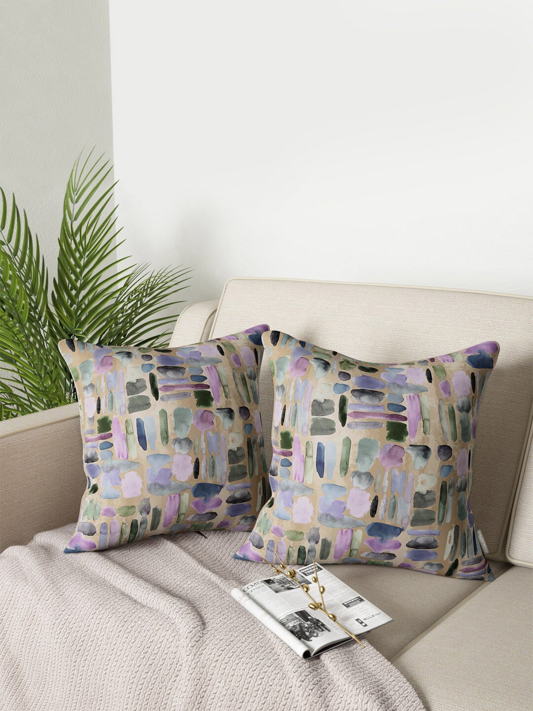 

PETAL HOME Beige & Blue Set of 2 Geometric Square Cushion Covers