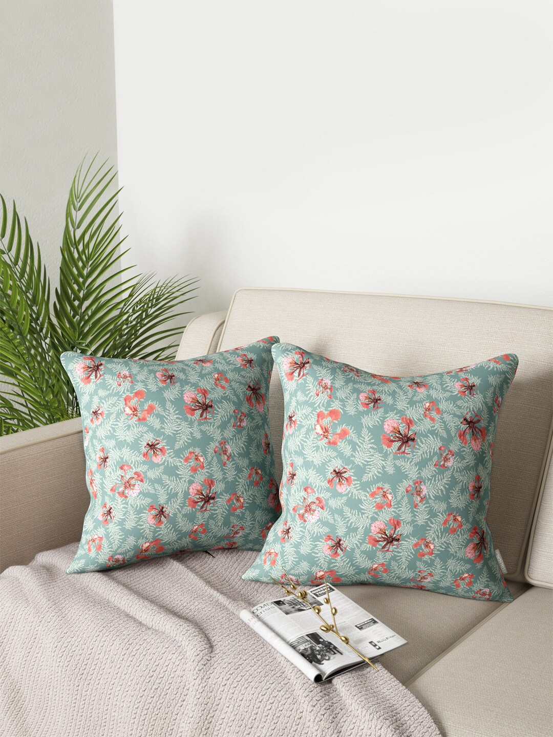 

PETAL HOME Teal & Red Set of 2 Floral Square Cushion Covers