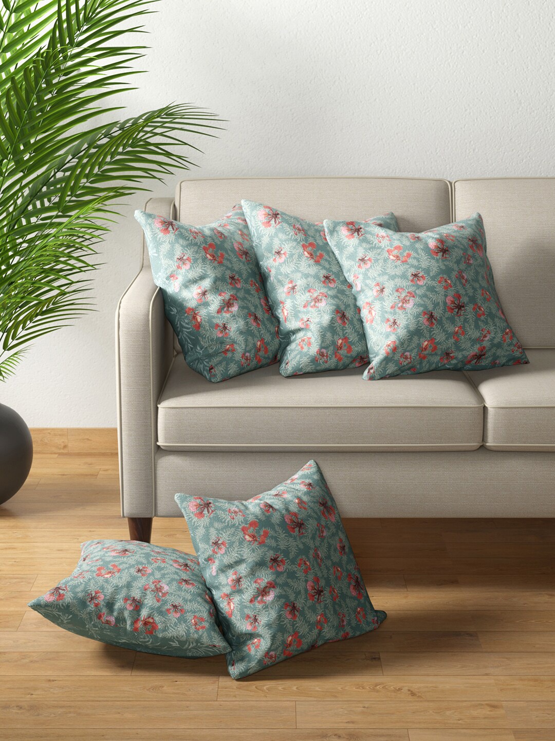 

PETAL HOME Teal & White Set of 5 Floral Square Cushion Covers