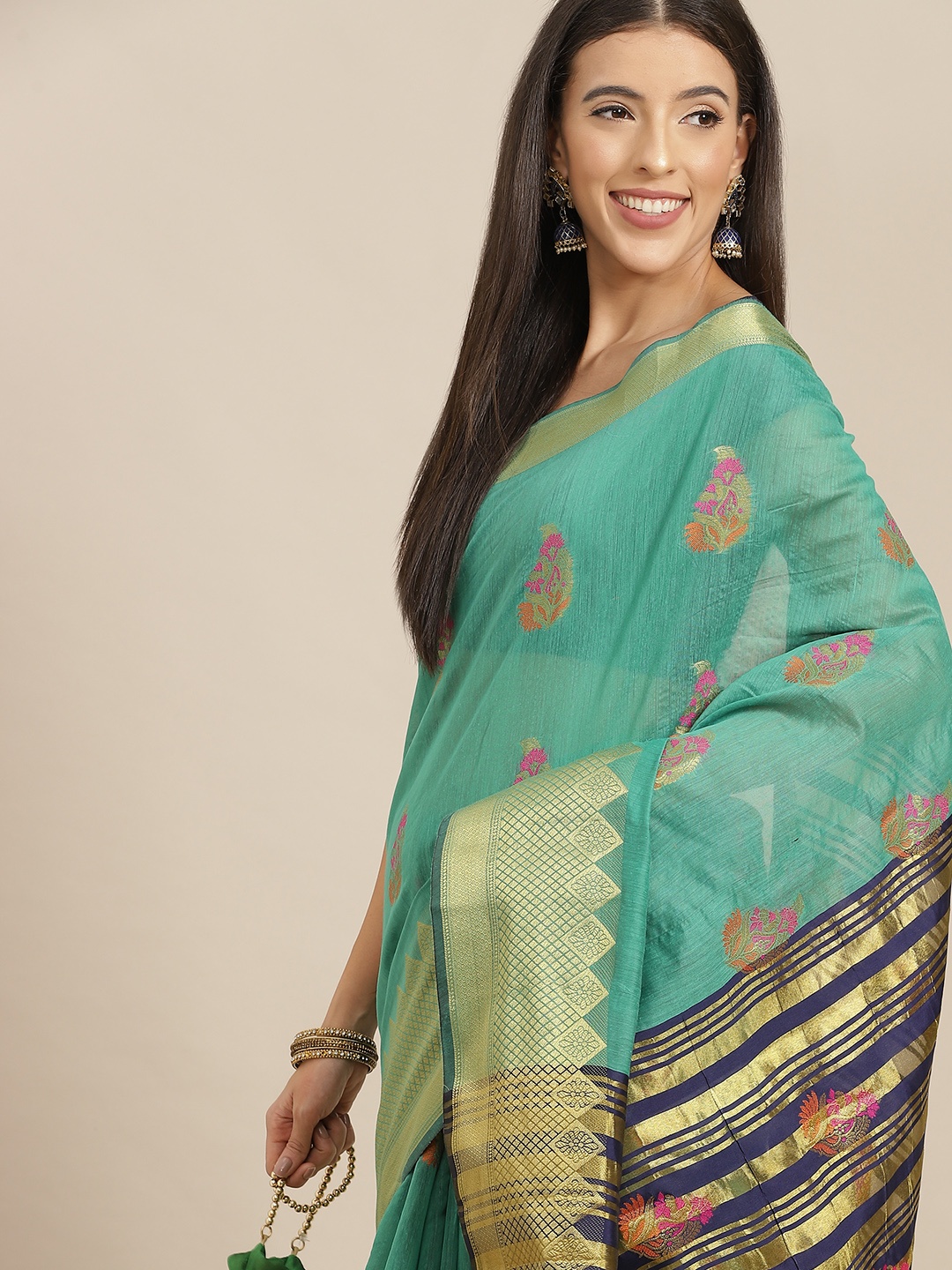 

Anouk Green & Gold Ethnic Motifs Zari Silk Blend Chanderi Saree