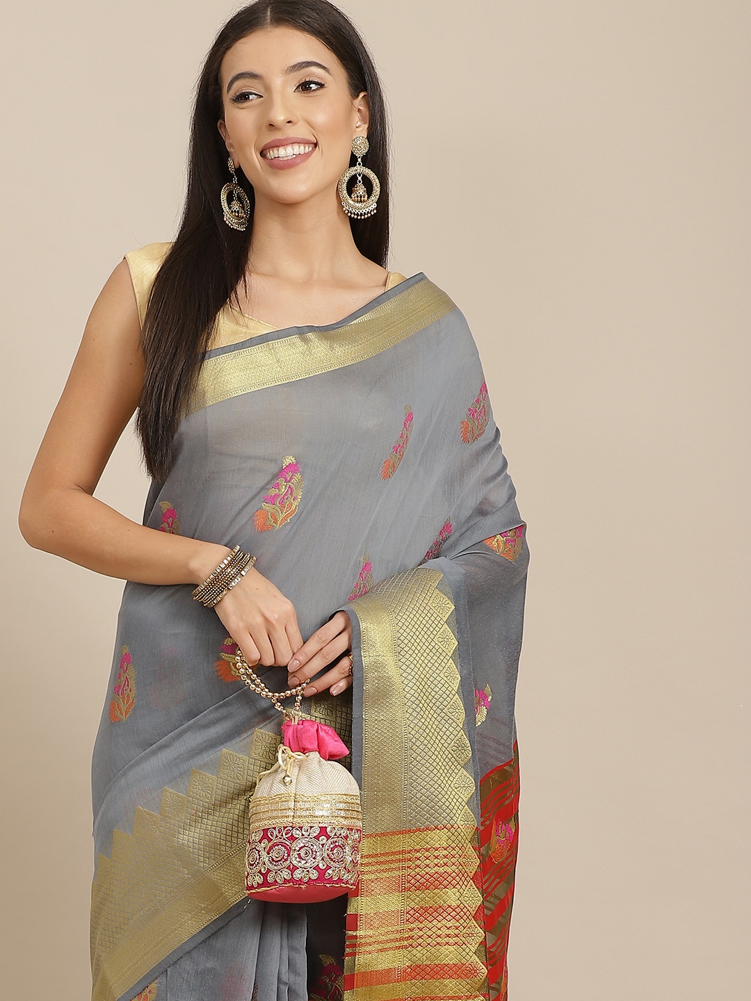 

Anouk Grey & Gold Ethnic Motifs Zari Silk Blend Chanderi Saree