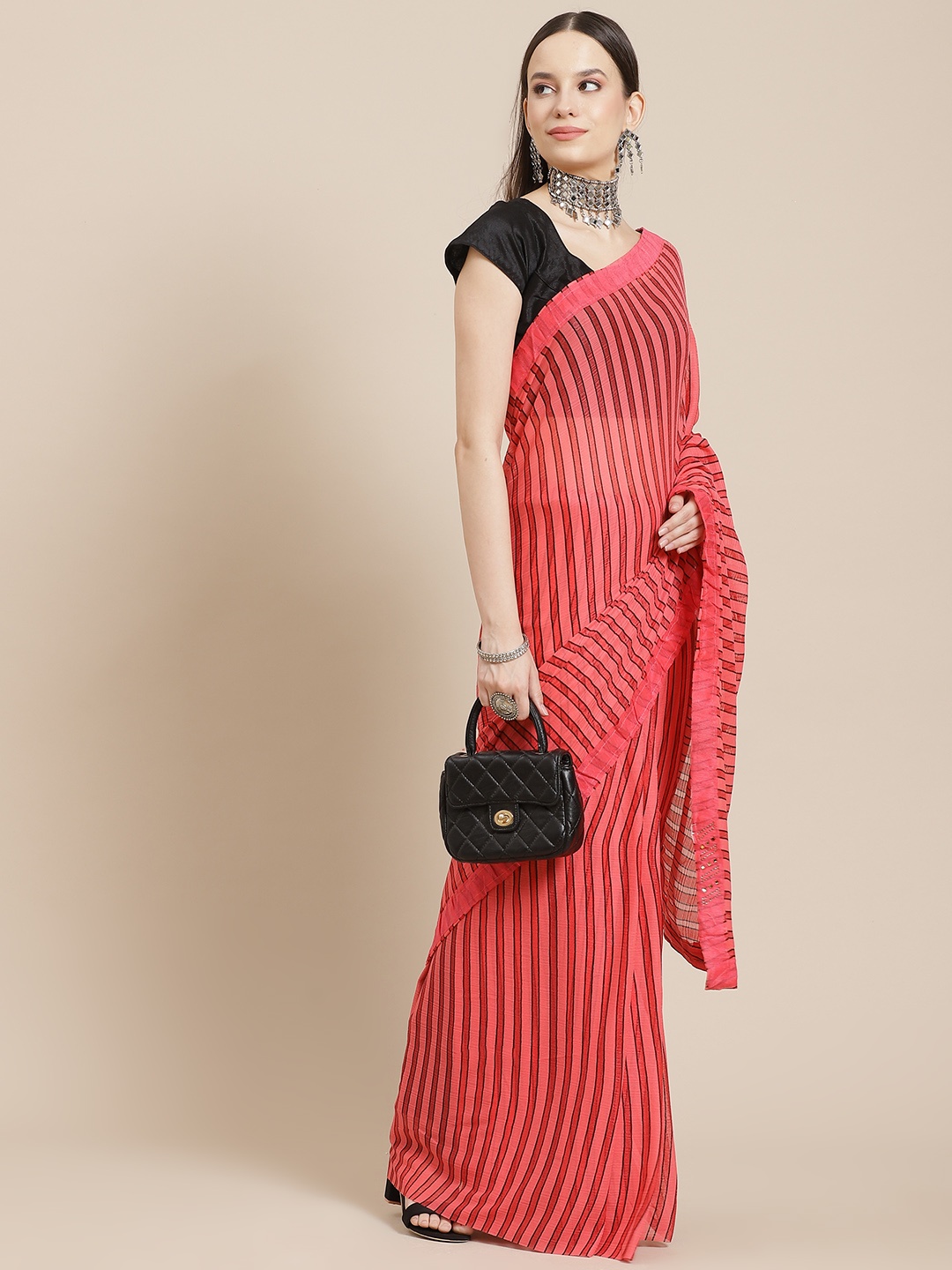 

Anouk Peach-Coloured Leheriya Saree