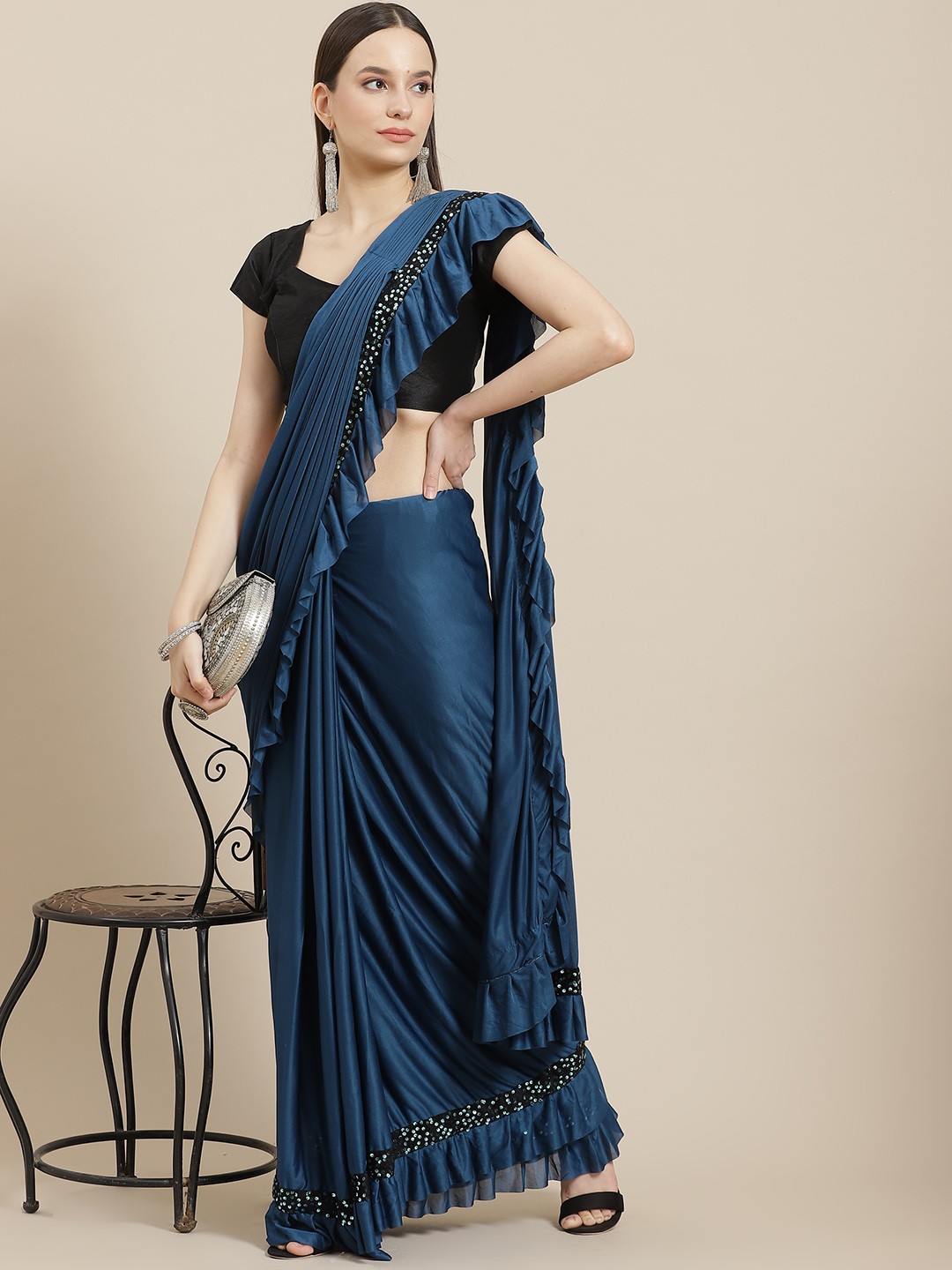 

Anouk Navy Blue Solid Saree
