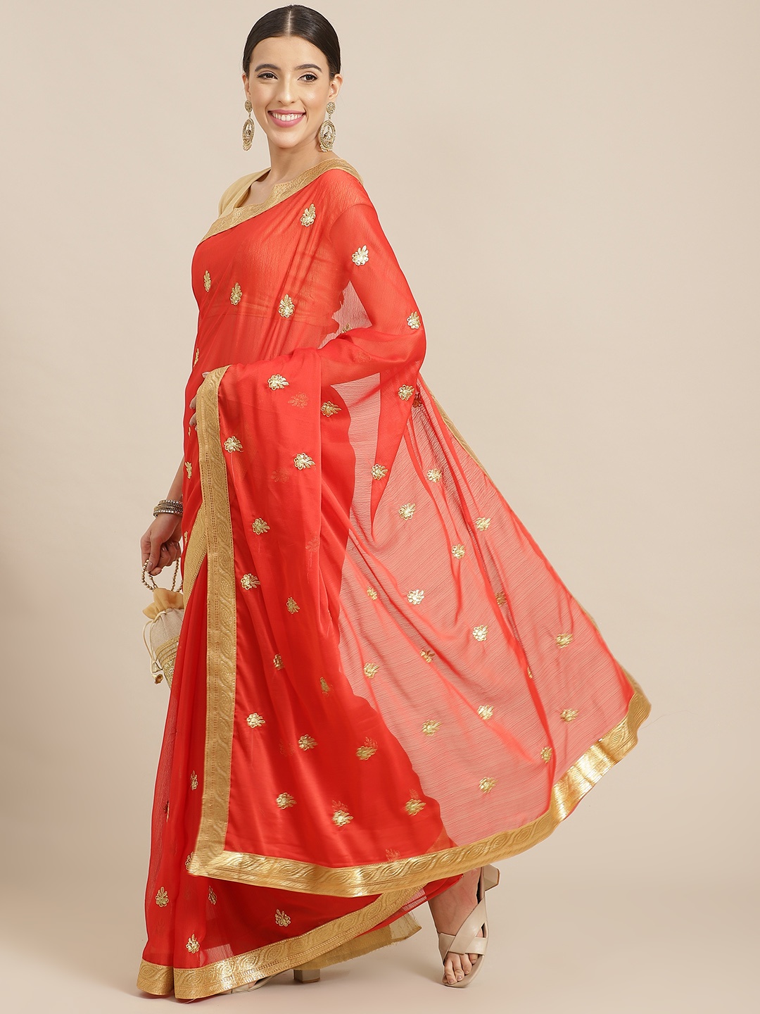 

Anouk Red & Gold Floral Poly Chiffon Saree