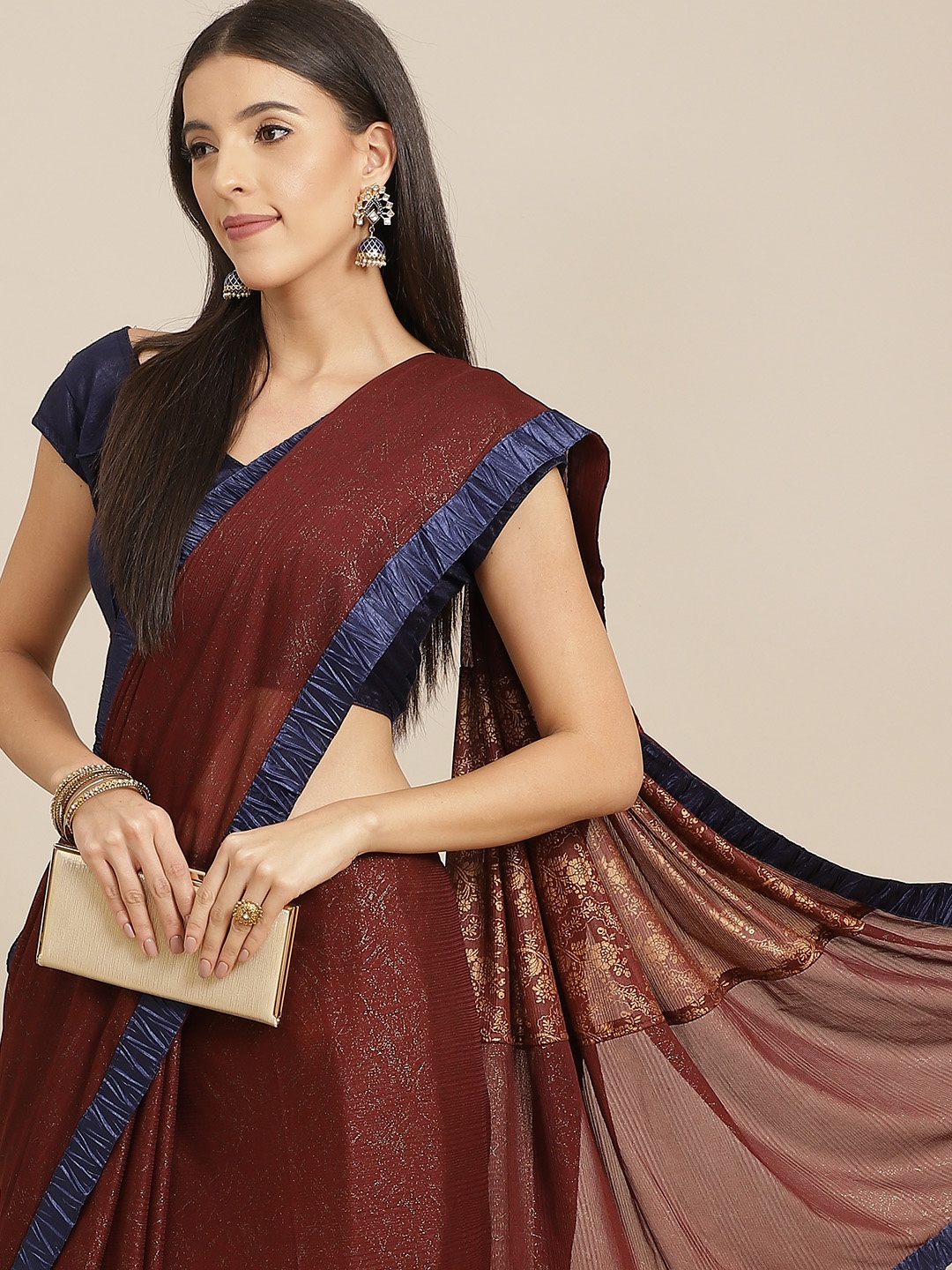 

Anouk Maroon & Blue Printed Nylon Saree