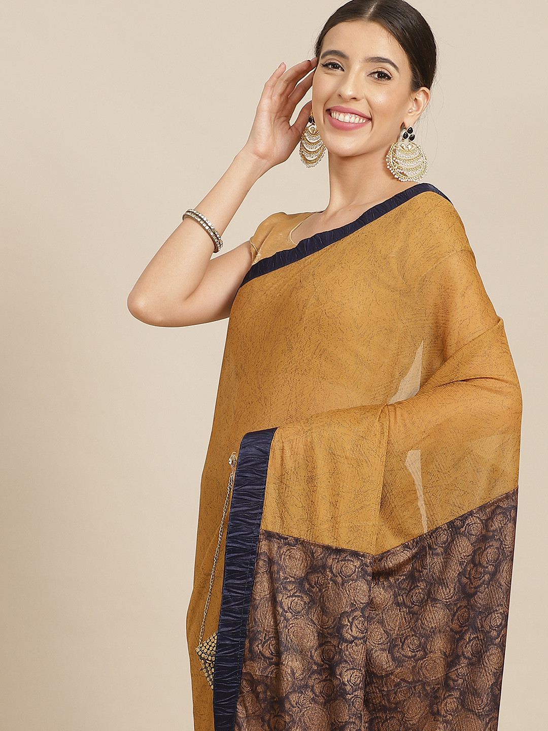 

Anouk Gold & Navy Blue Printed Nylon Saree