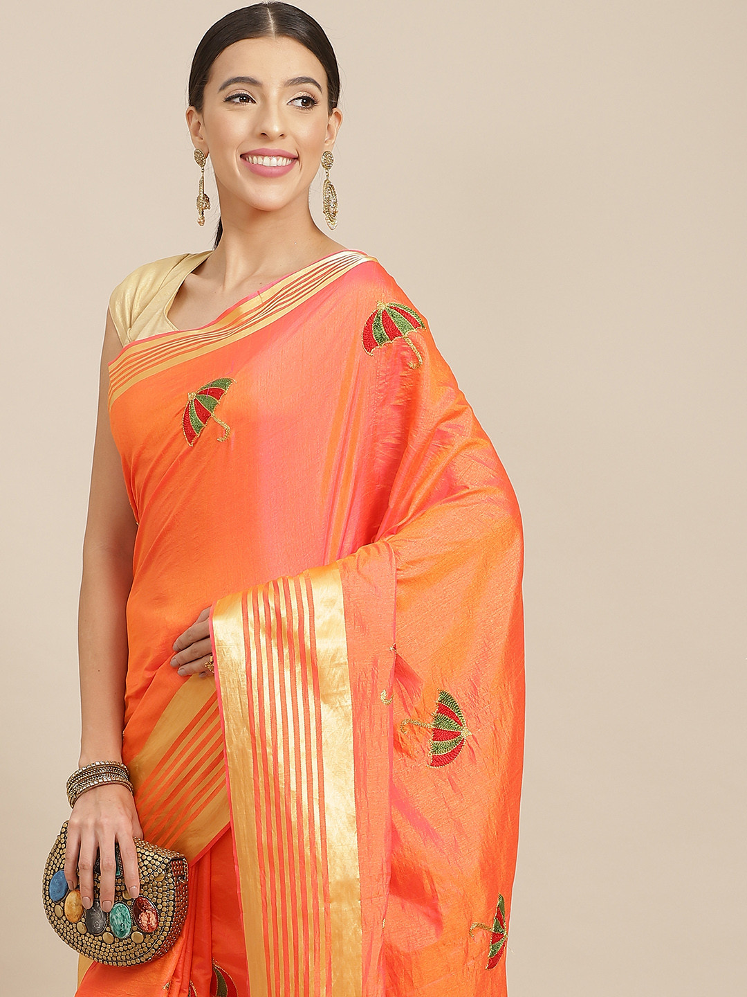 

Anouk Peach-Coloured & Gold Ethnic Motifs Silk Blend Saree