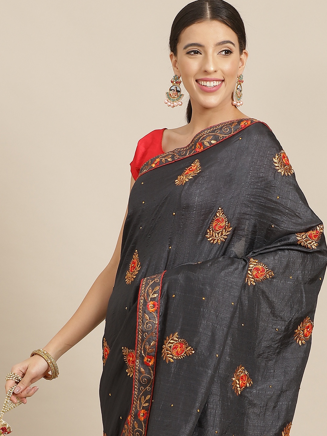 

Anouk Charcoal Grey Ethnic Motifs Embroidered Silk Blend Saree