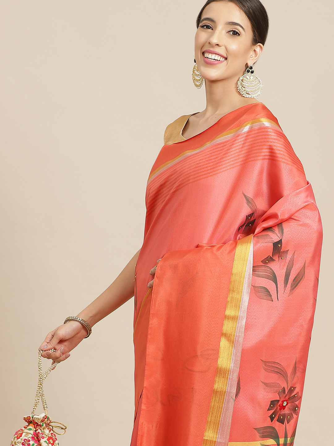 

Anouk Peach-Coloured Floral Bhagalpuri Saree
