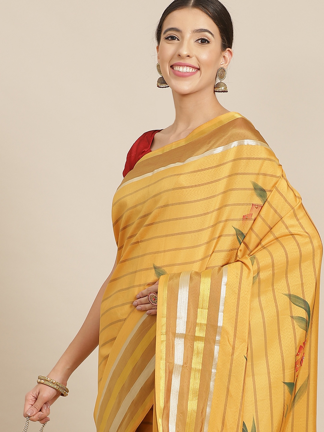 

Anouk Mustard Yellow Striped Bhagalpuri Saree