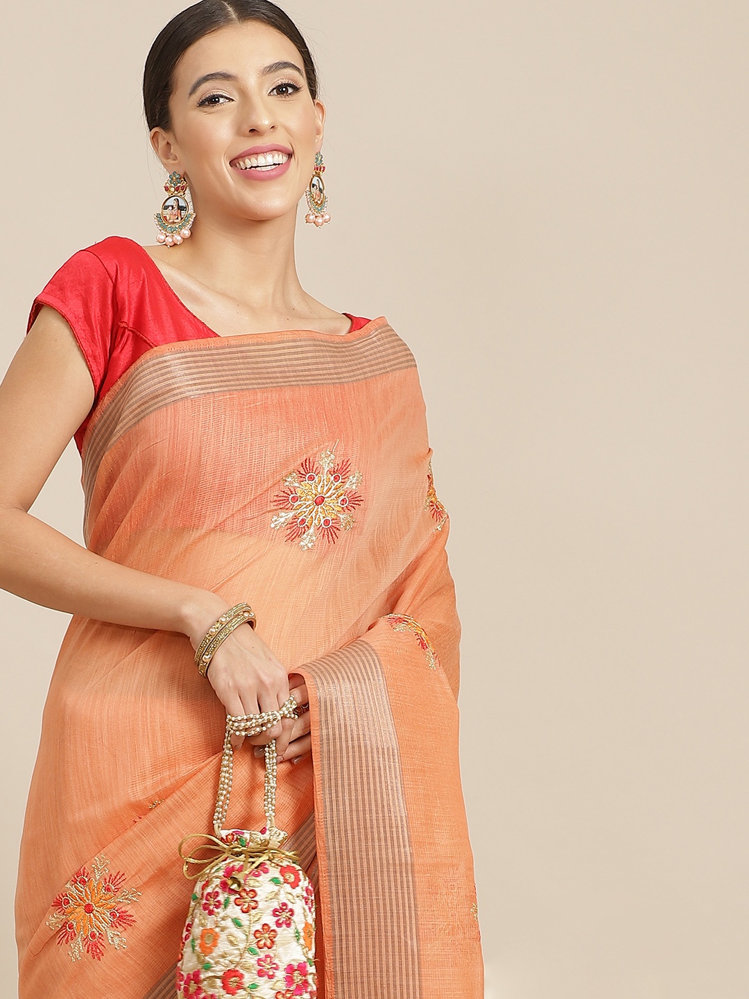 

Anouk Peach-Coloured Ethnic Motifs Silk Blend Kota Saree