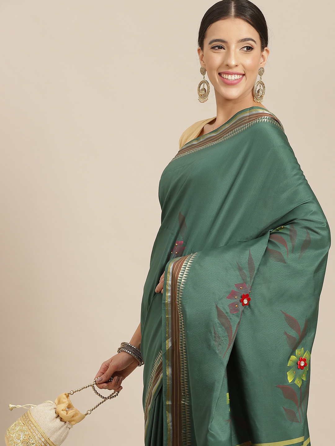 

Anouk Green Floral Beads and Stones Polyester Bhagalpuri Saree
