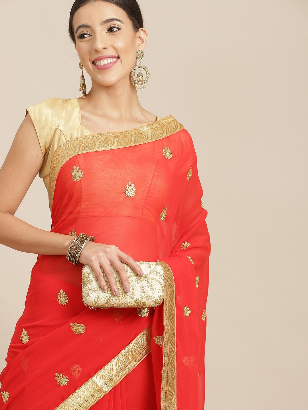 

Anouk Red & Gold Floral Zari Poly Georgette Saree