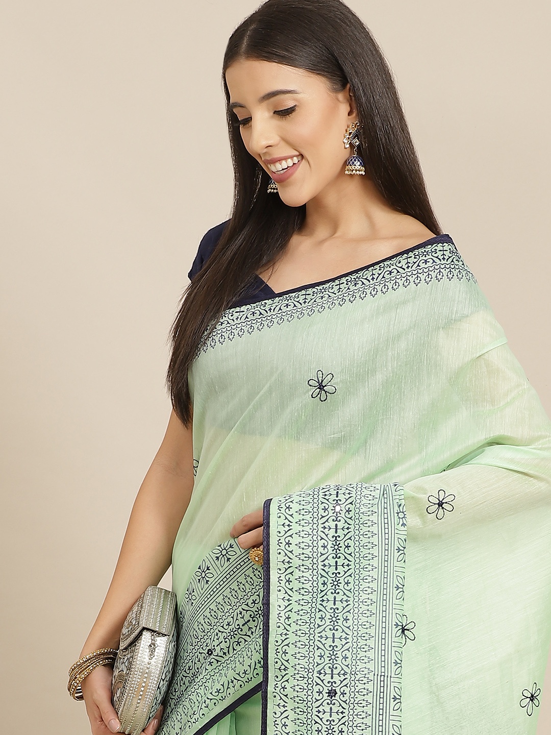 

Anouk Sea Green & Navy Blue Ethnic Motifs Silk Blend Chanderi Saree