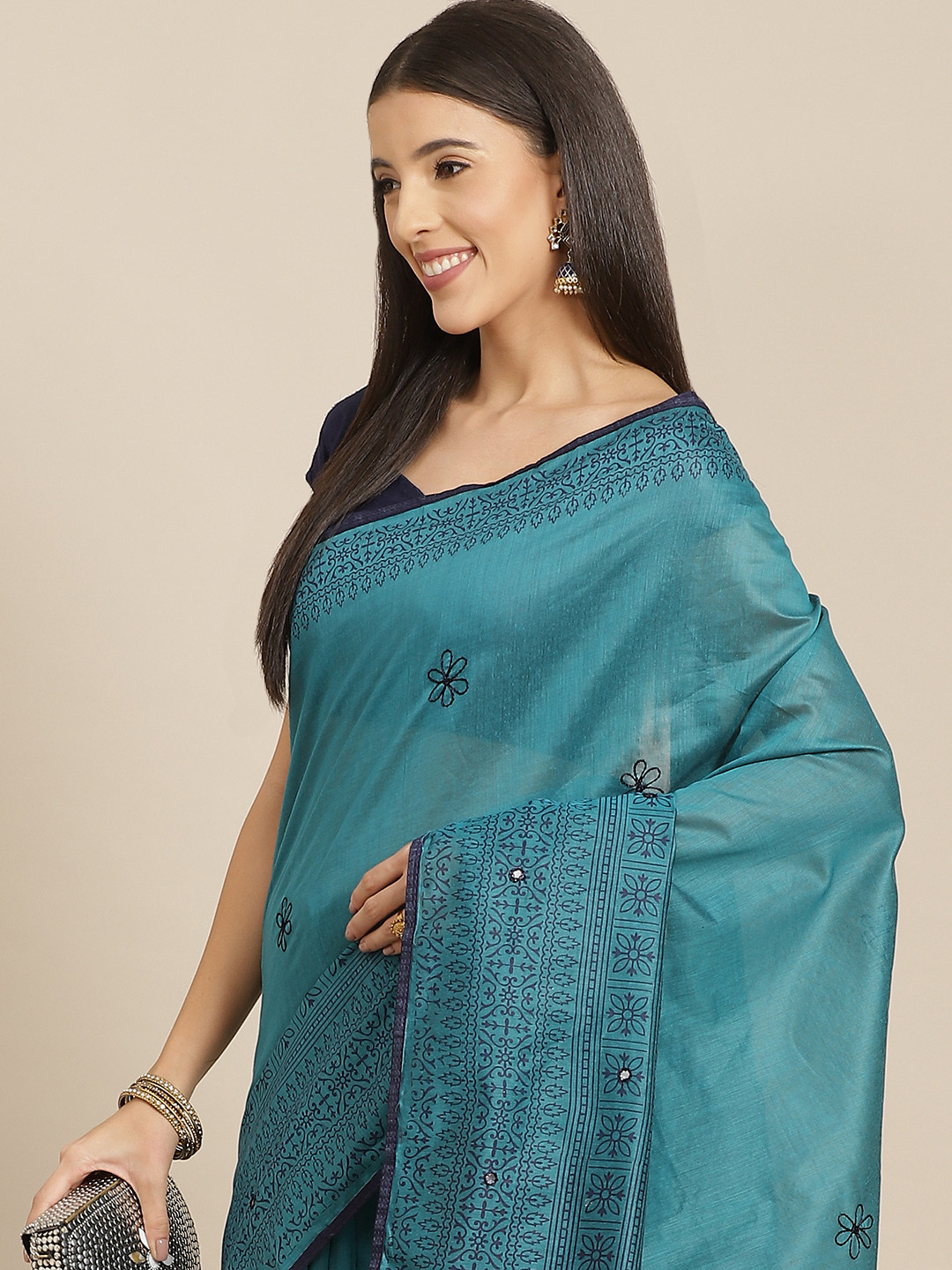 

Anouk Turquoise Blue & Navy Blue Ethnic Motifs Silk Blend Chanderi Saree