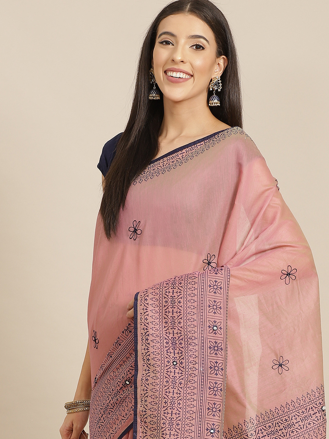 

Anouk Coral Red & Navy Blue Ethnic Motifs Silk Blend Chanderi Saree