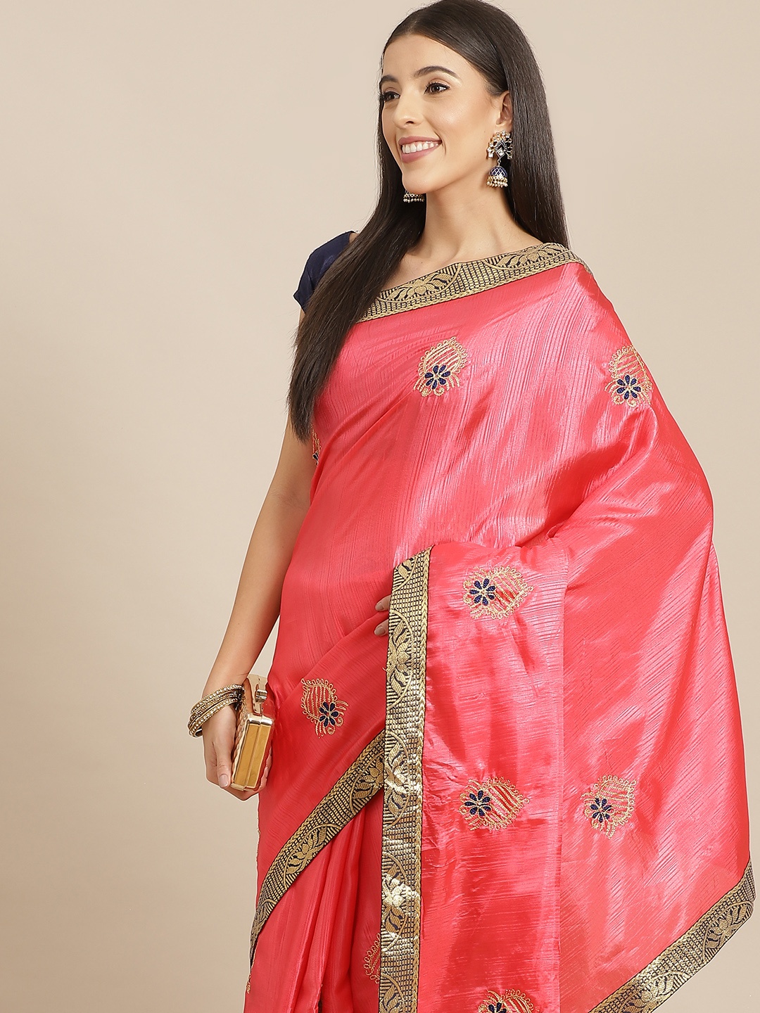 

Anouk Pink & Gold Ethnic Motifs Silk Blend Saree