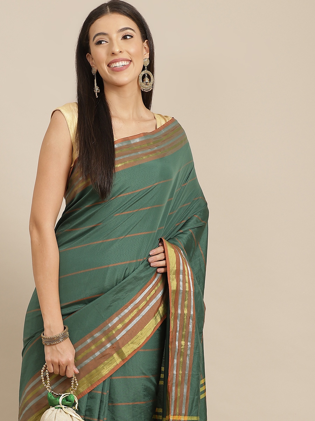 

Anouk Green Striped Bhagalpuri Saree