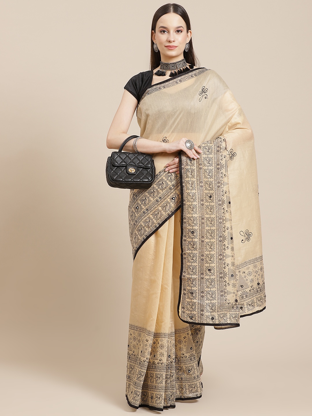 

Anouk Beige Silk Blend Chanderi Saree