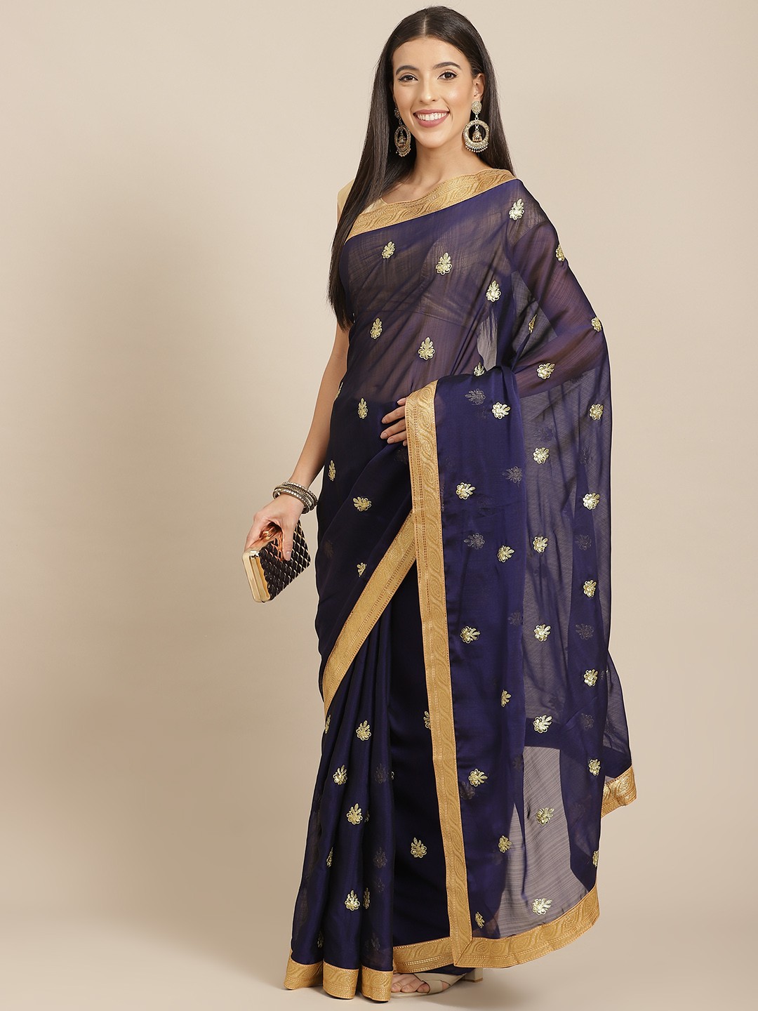 

Anouk Navy Blue Floral Poly Chiffon Saree