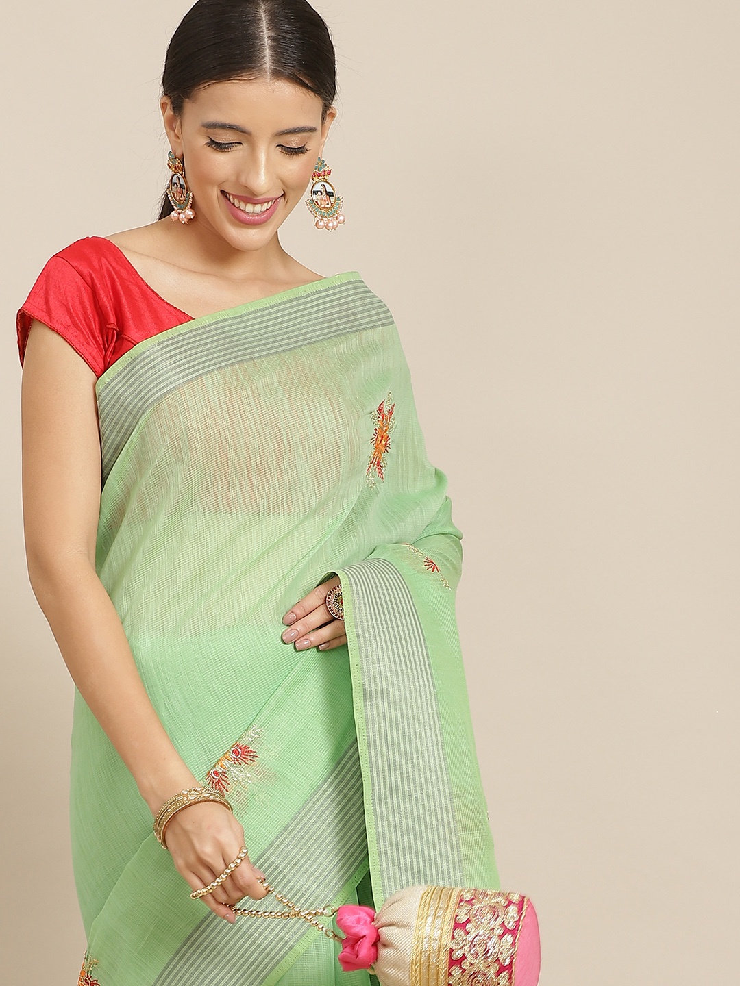 

Anouk Green Ethnic Motifs Silk Blend Kota Saree