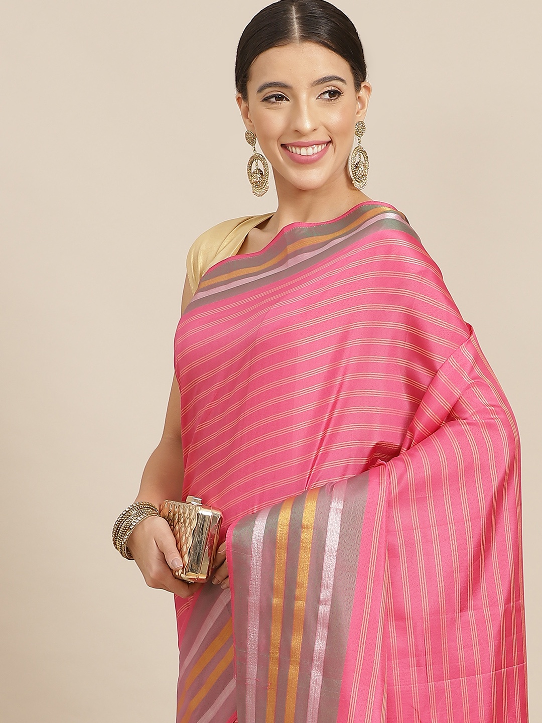 

Anouk Pink Striped Bhagalpuri Saree