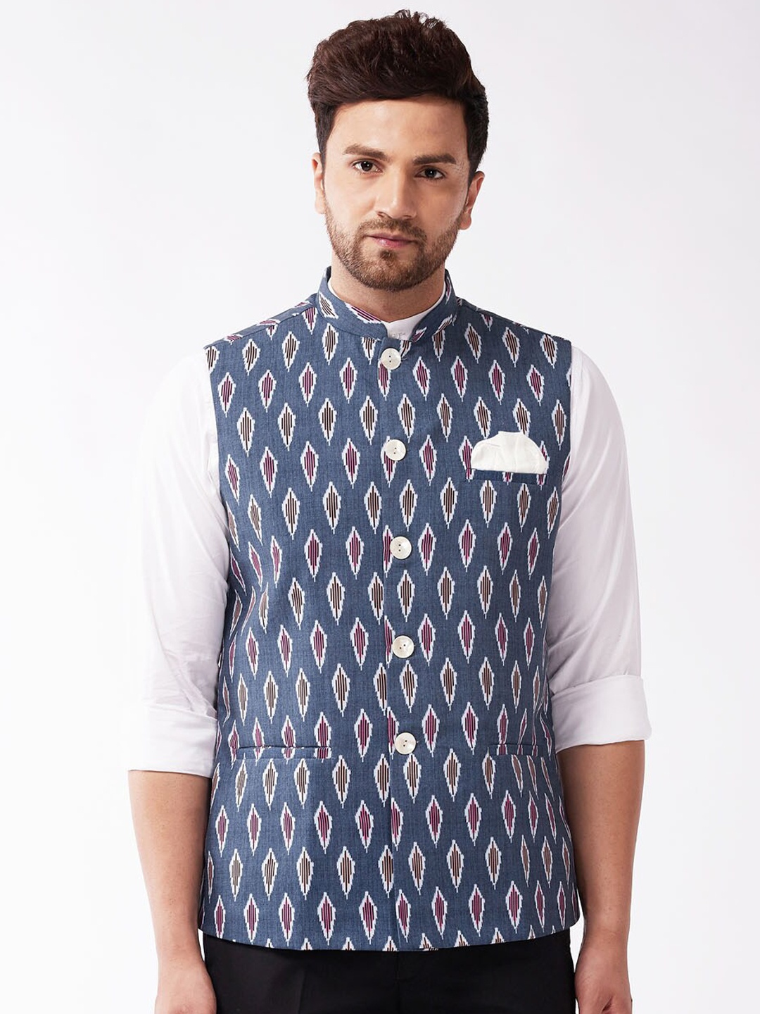 

VASTRAMAY Men Grey & Pink Printed Slim-Fit Cotton Woven Nehru Jacket