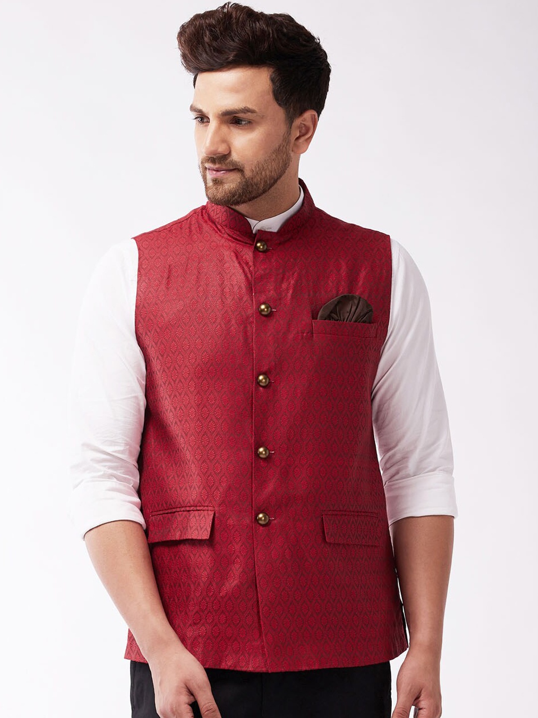 

VASTRAMAY Men Maroon Woven-design Slim-Fit Nehru Jacket