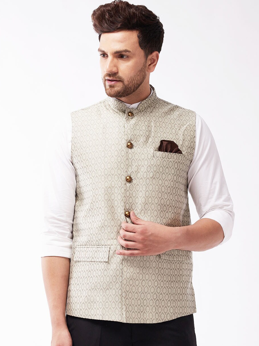 

VASTRAMAY Men Beige & Grey Woven Design Nehru Jackets