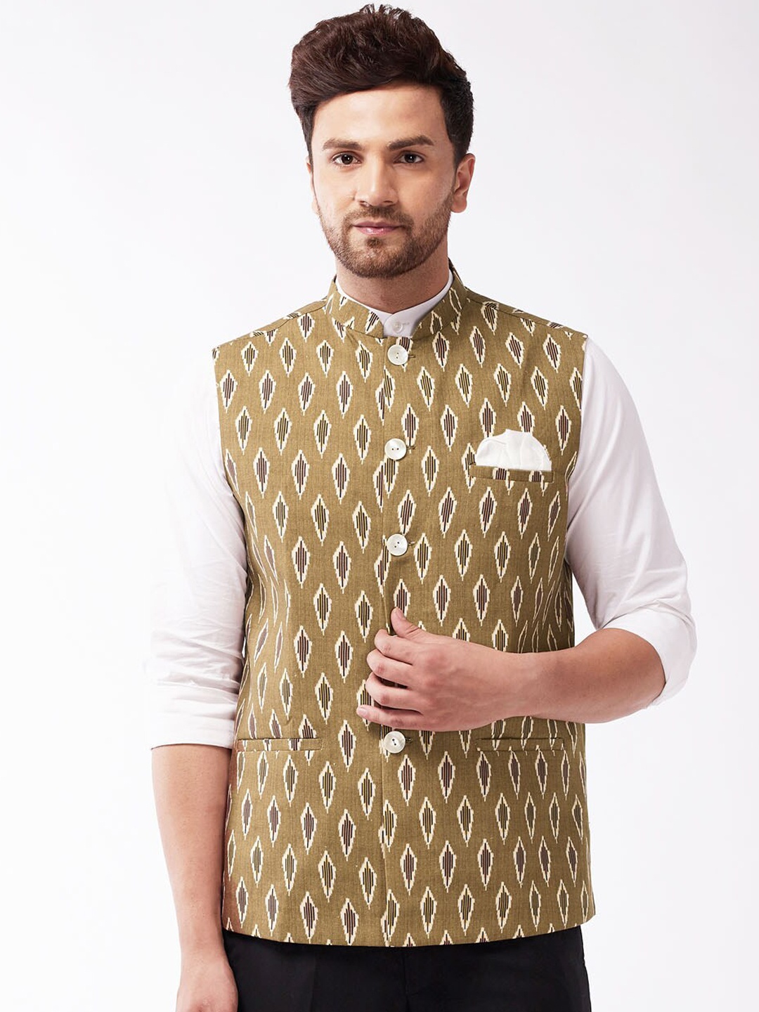 VASTRAMAY Men Brown & White Printed Slim-Fit Cotton Woven Nehru Jacket