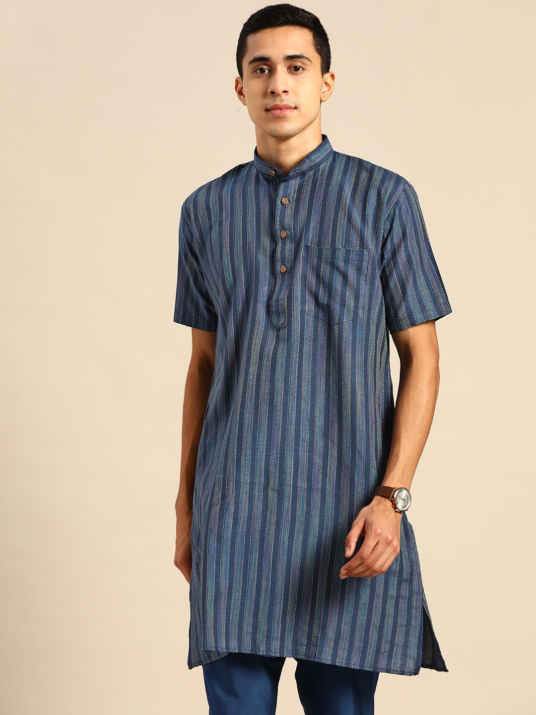 

RAJUBHAI HARGOVINDAS Men Blue & Navy Blue Striped Indigo Kurta